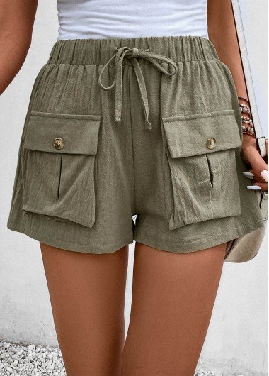 Pocket Olive Green Elastic Waist High Waisted Shorts