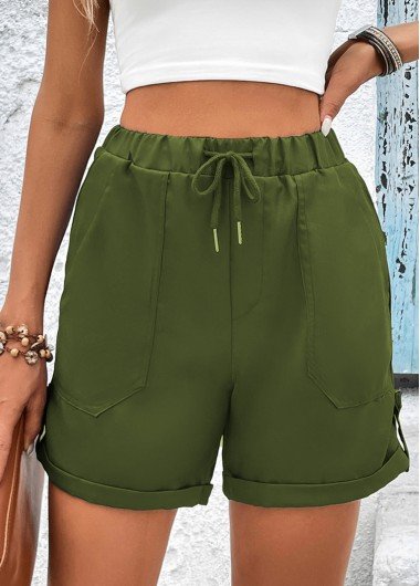 Pocket Olive Green Drawastring High Waisted Shorts