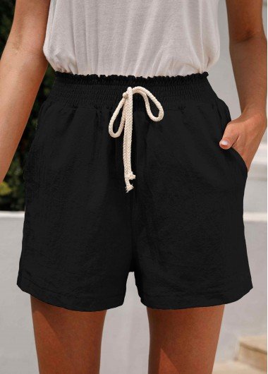 Pocket Black Regular Elastic Waist High Waisted Shorts