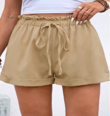 Smocked Light Camel Regular Elastic Waist Shorts