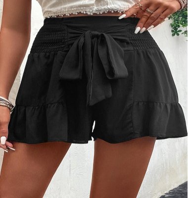 Bowknot Black Elastic Waist High Waisted Shorts