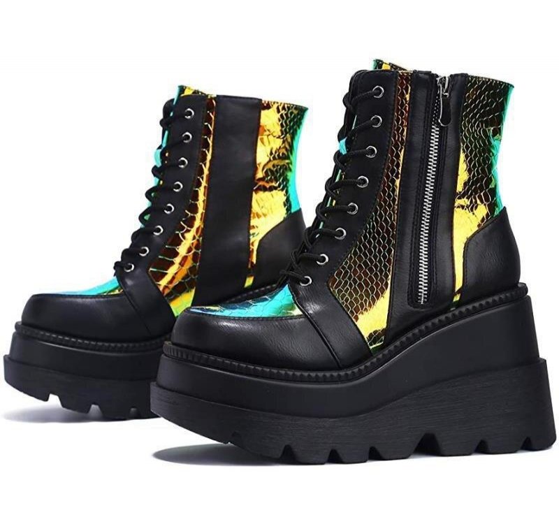 Fashion Bling Women's Mid Calf Boots Wedges platform Boots women Luxury Brand Zipper Ankle Boots Large size 43