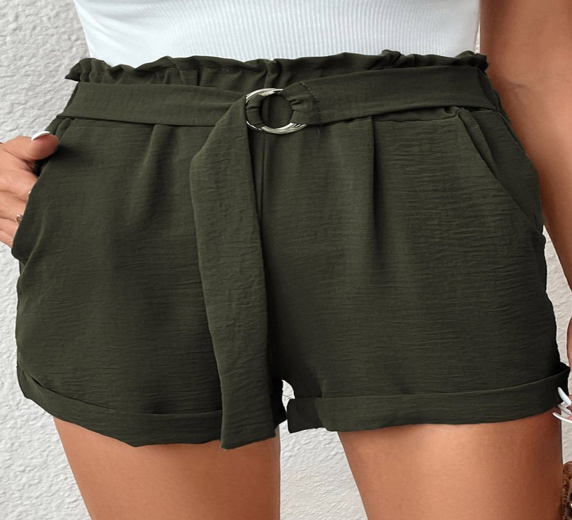 Pocket Green Belted Regular Elastic Waist Shorts