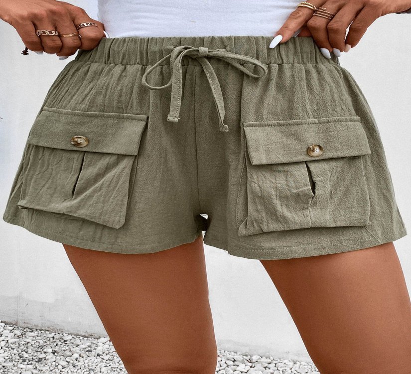 Pocket Olive Green Elastic Waist High Waisted Shorts