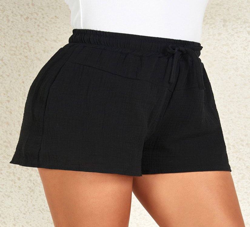 Drawstring Black Regular Elastic Waist High Waisted Shorts