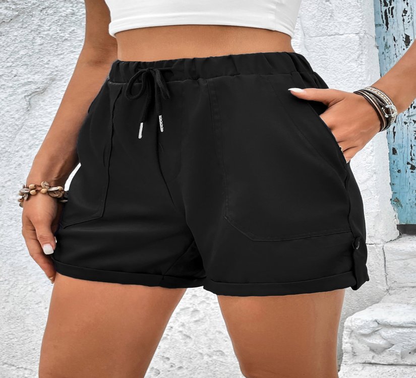 Pocket Black Drawastring High Waisted Shorts