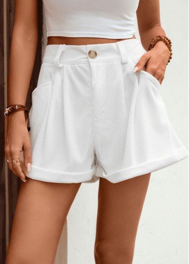 Pocket White Button Fly High Waisted Shorts