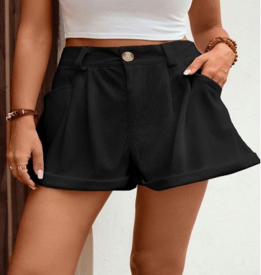 Pocket Black Button Fly High Waisted Shorts